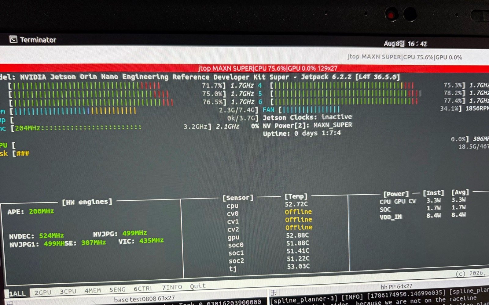 Jetson Orin Nano의 CPU 6코어가 모두 75% 이상 점유된 jtop 화면